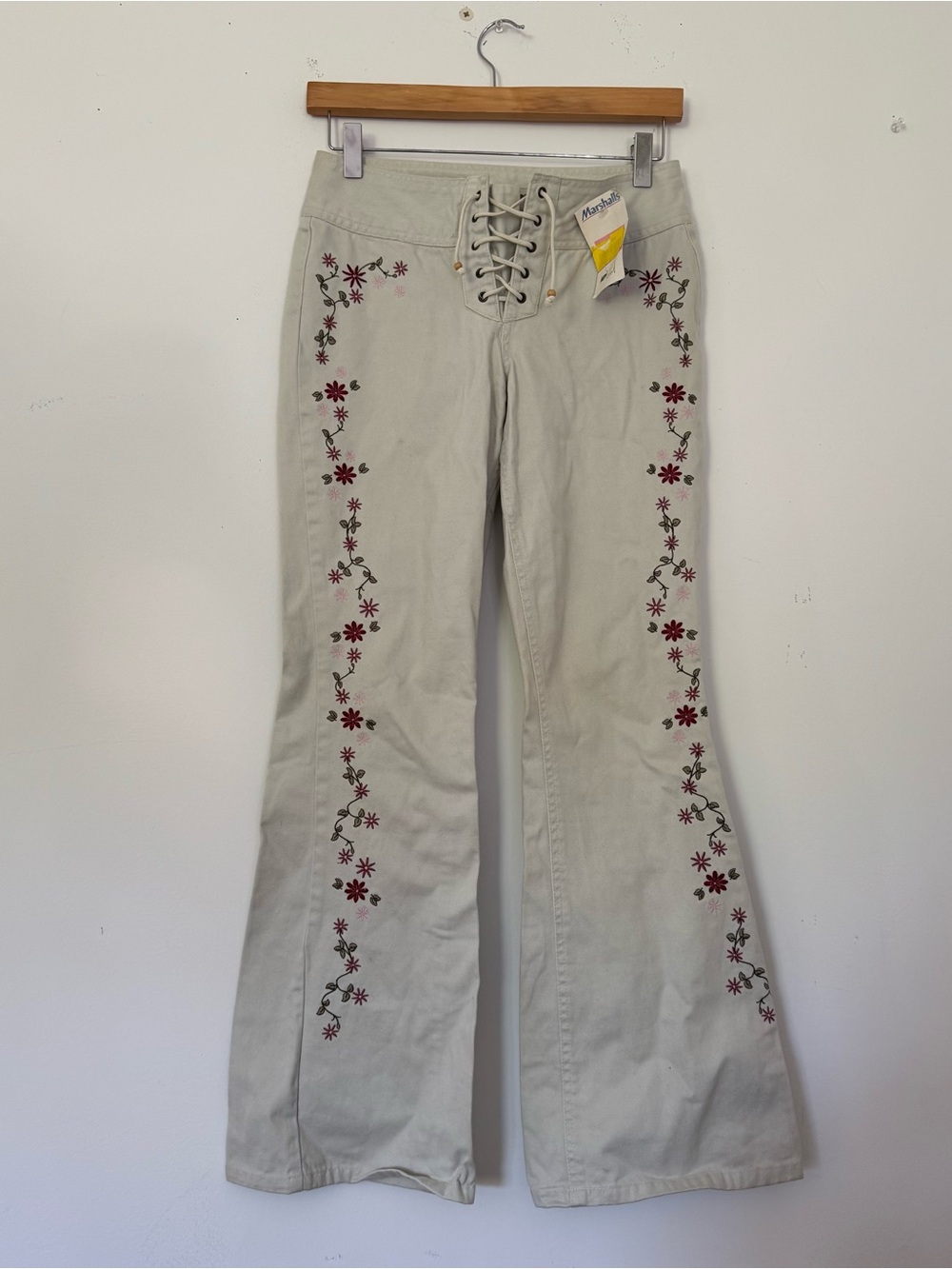 Mudd Vintage Cream Flare Lace-Up Pants with Floral Embroidery